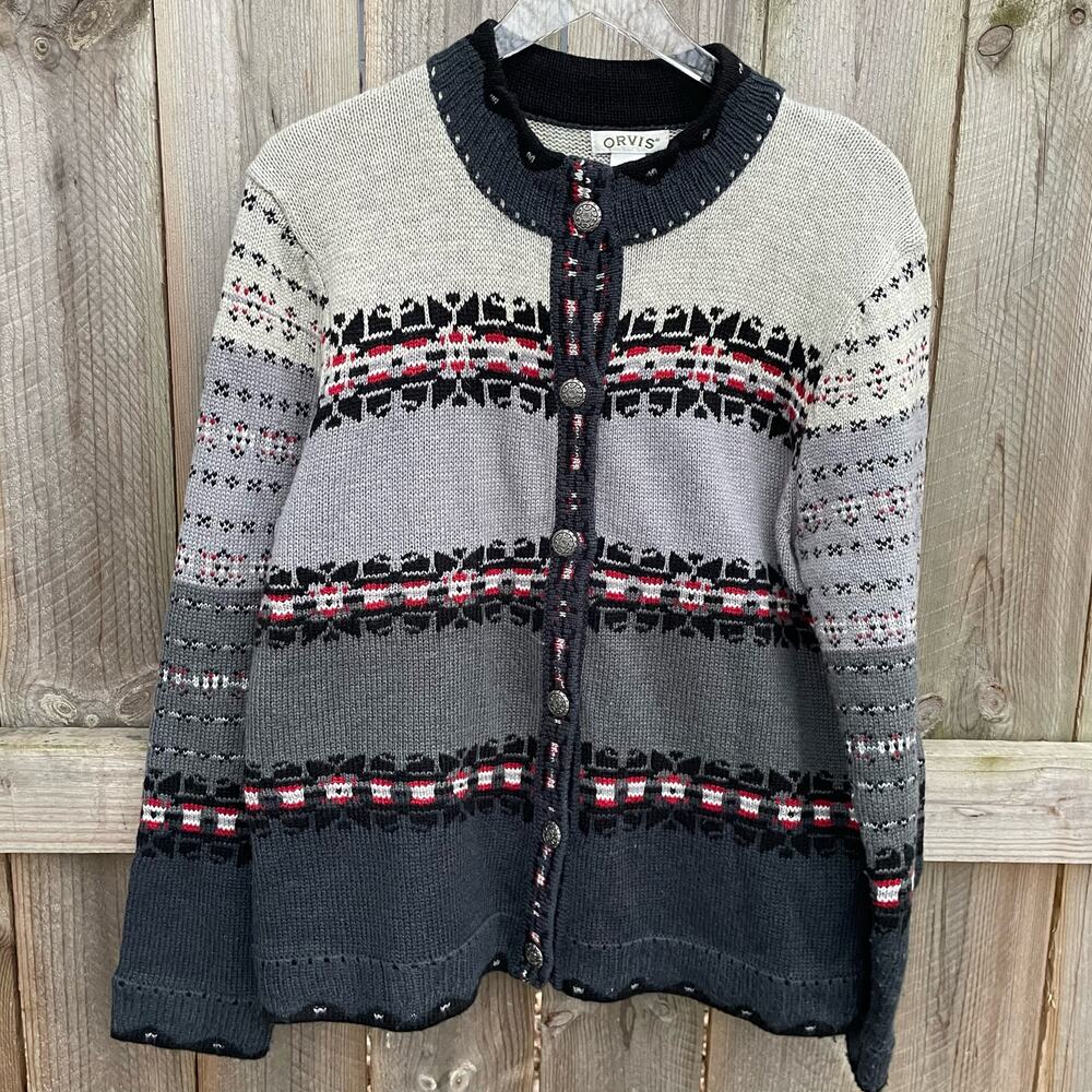 Orvis Caridgan Sweater Wool Blend Knit Button Front Fair Isle Gray Size Large